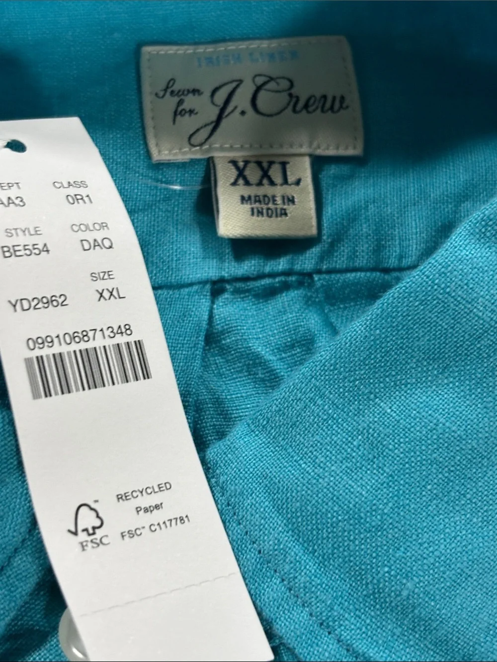 J crew Baird McNutt Irish Linen Teal Button-Down  Shirt XXL NWT